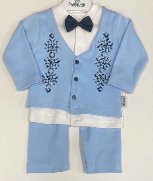 Boys Bow Tie Blue Patterned 3 Piece Set