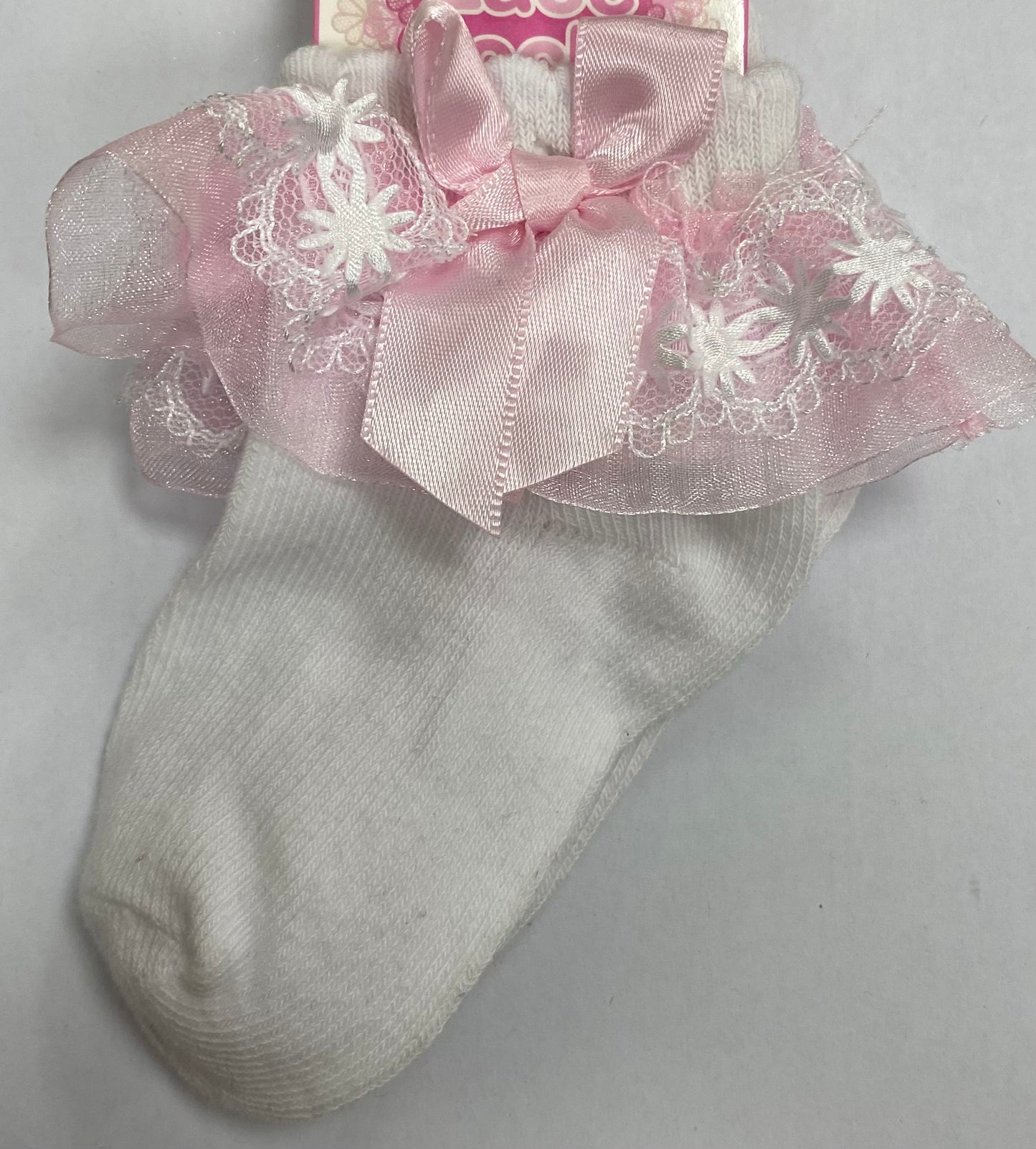 Girls White Socks W/ Pink Frill & Bow