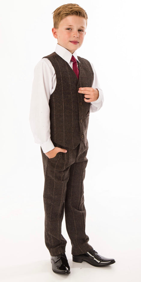 Boys Brown Tweed Suit 4 Piece