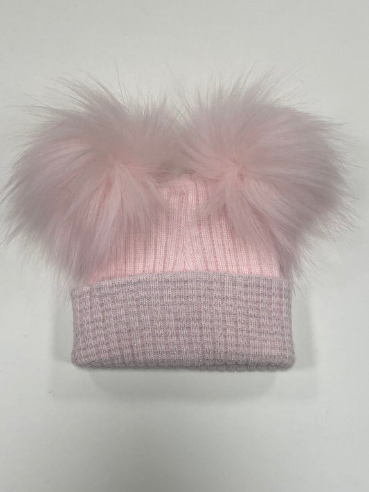 Pink Glitter Striped Pom Pom Hat
